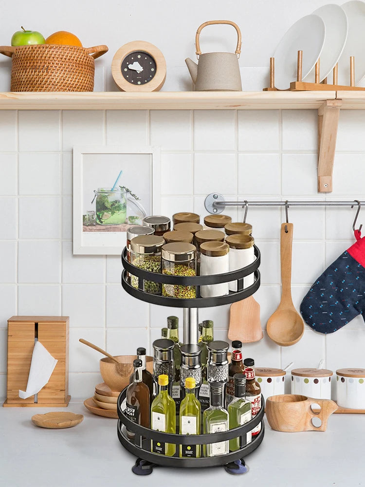 360°Rotation Spice Rack Organizer Jar Non-Skid Carbon Steel Storage Tray For Seasonings And Spices Cans