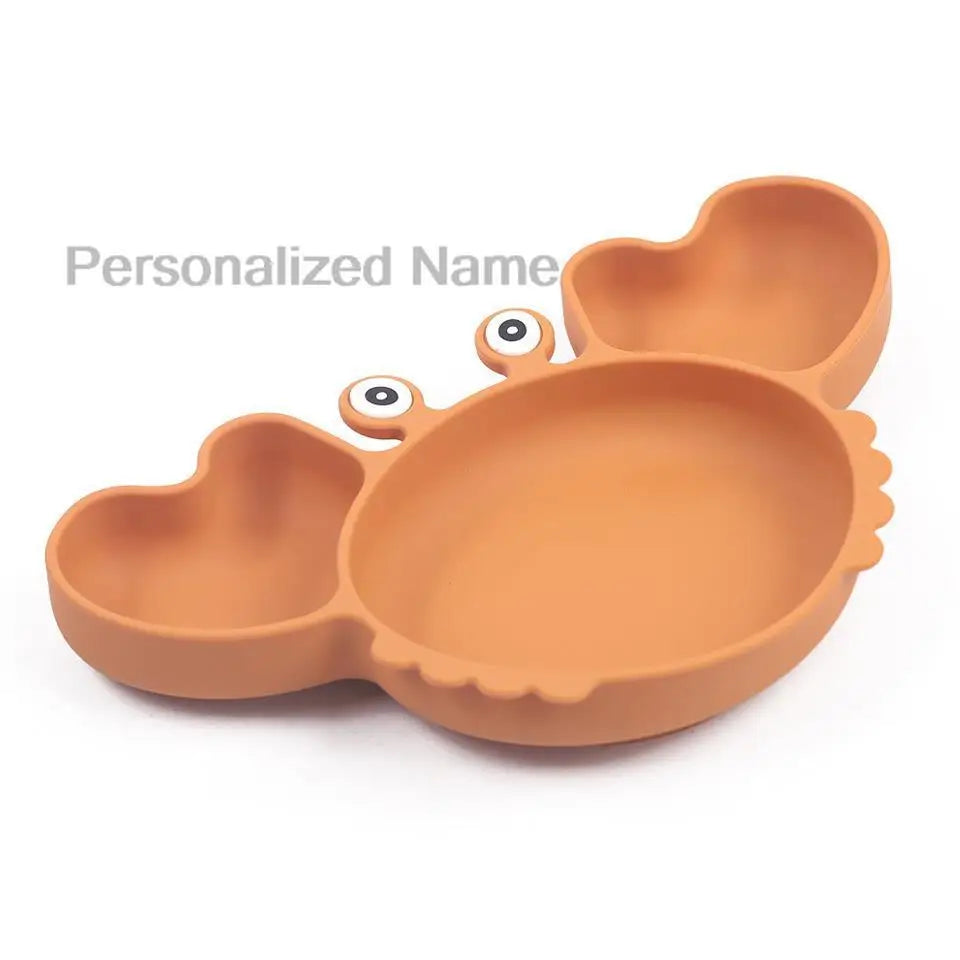 Silicone Baby Feeding Set with Crab Plate Suction Bowl Tray Bib Spoon - Personalized Name Kids Diningware in Assorted Colors
