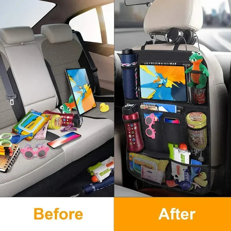 Car Rear Organizer with Touch Screen, Tablet Holder, Auto Storage Pockets Cover, Car Seat Back Protectors