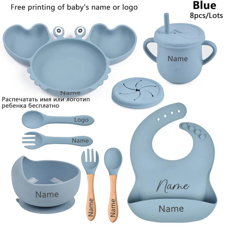 Silicone Baby Feeding Set with Crab Plate Suction Bowl Tray Bib Spoon - Personalized Name Kids Diningware in Assorted Colors