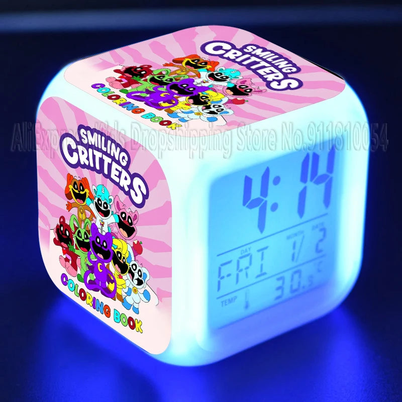 Smiling Critter LED Night Light Alarm Clock Catnap Cartoon Desk Clock with Date & Temperature Display for Kids Birthday Gift