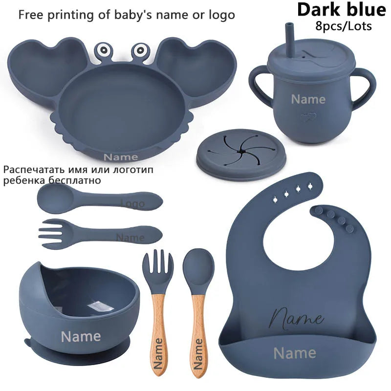 Silicone Baby Feeding Set with Crab Plate Suction Bowl Tray Bib Spoon - Personalized Name Kids Diningware in Assorted Colors