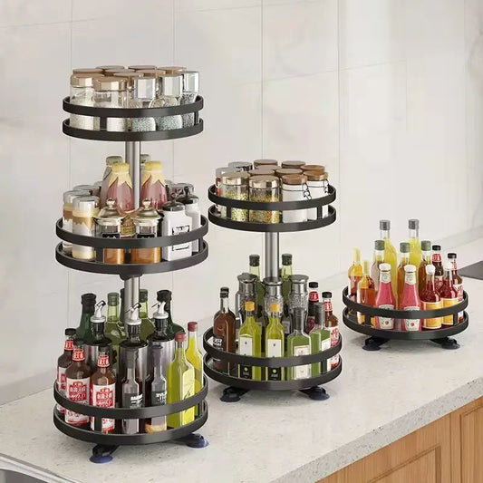 360°Rotation Spice Rack Organizer Jar Non-Skid Carbon Steel Storage Tray For Seasonings And Spices Cans