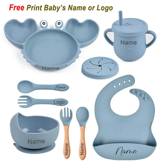 Silicone Baby Feeding Set with Crab Plate Suction Bowl Tray Bib Spoon - Personalized Name Kids Diningware in Assorted Colors