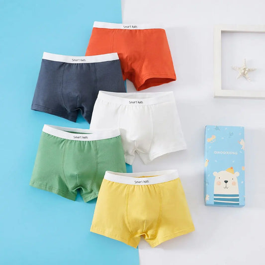 5-Pack Boys Cotton Boxer Shorts Children's Underwear Teenagers Comfortable Fit Solid Color Daily Wear